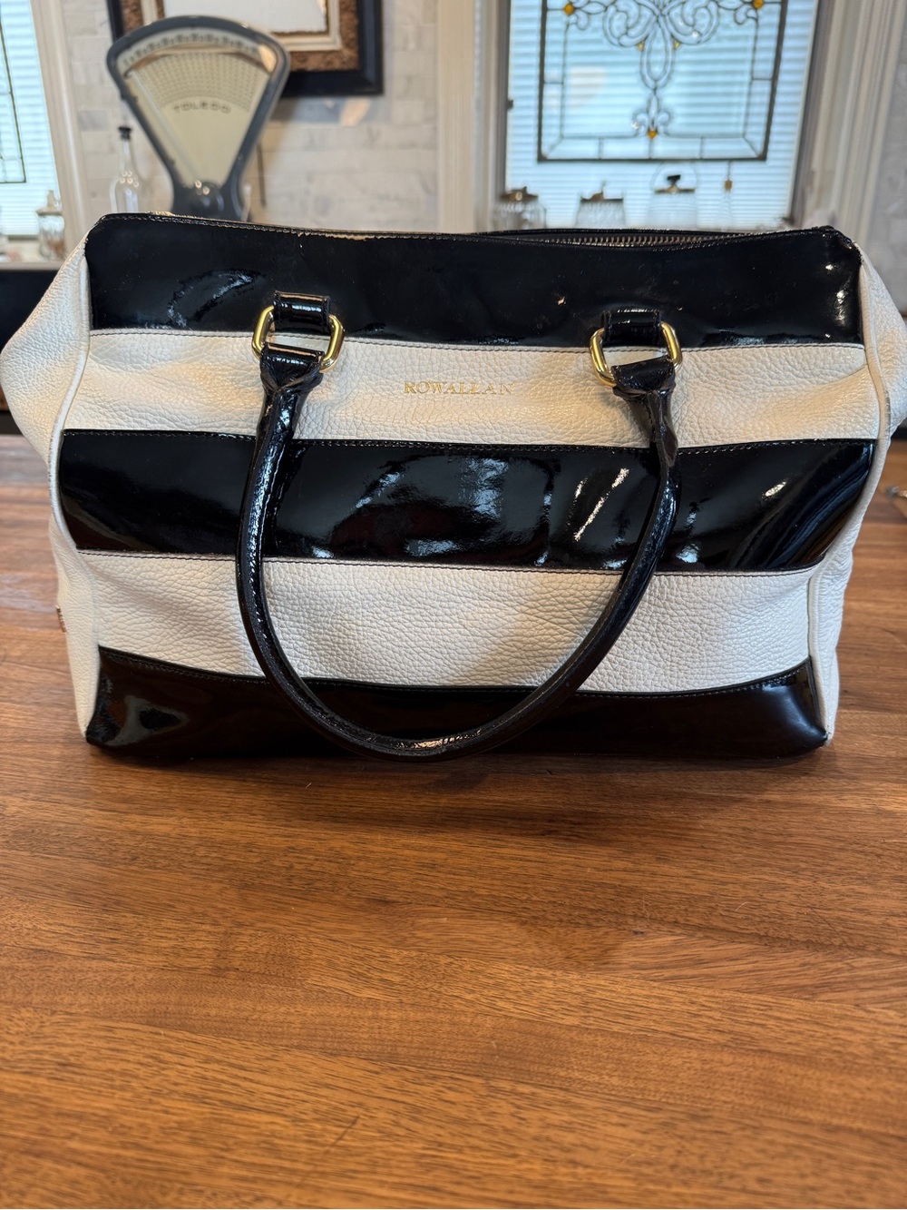 Black & White Striped Leather Tote from Rowallen